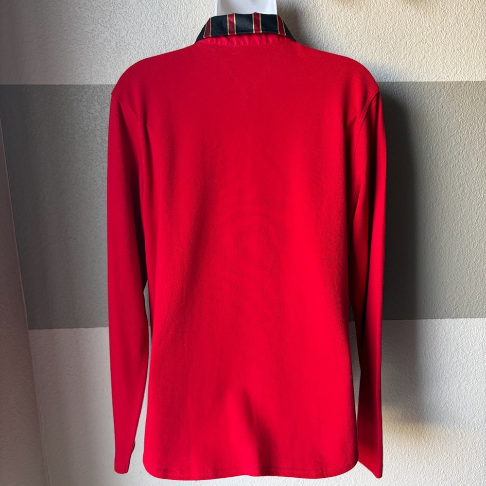 NWT Tommy Hilfiger Women’s Large Polo Shirt Red Striped Collar Long Sleeve Gold - Picture 4 of 6